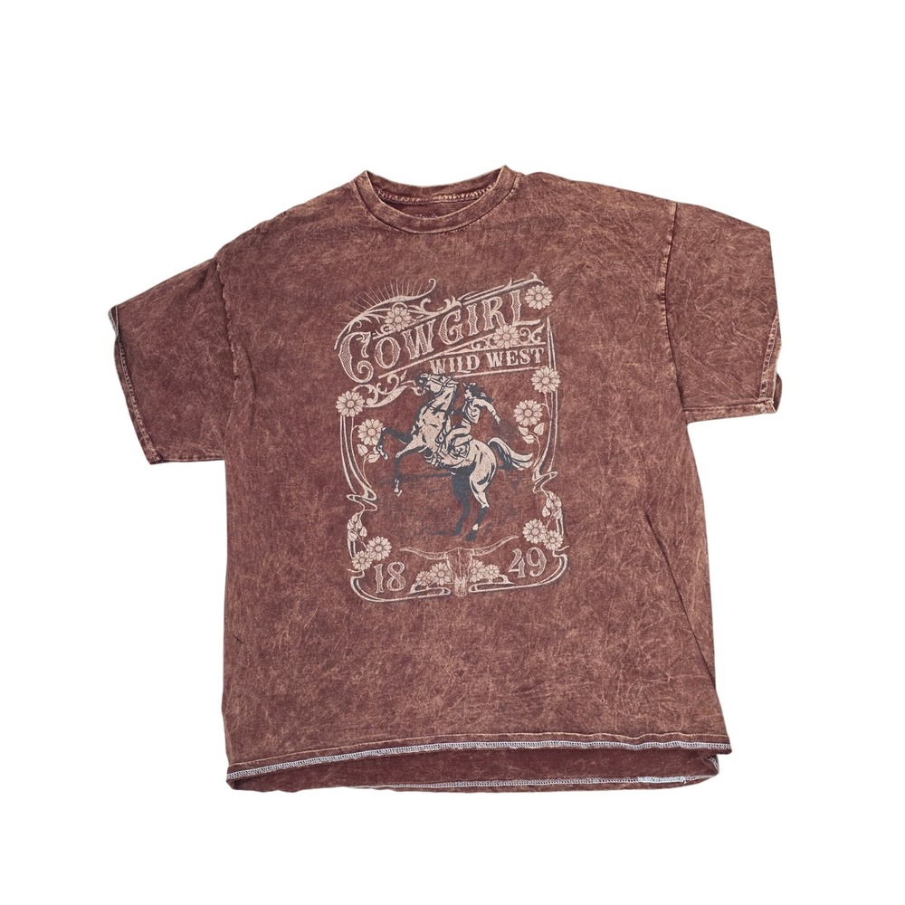 Youth In Revolt Cowgirl Wild West Graphic Tee XL Brown Mineral Wash Cotton